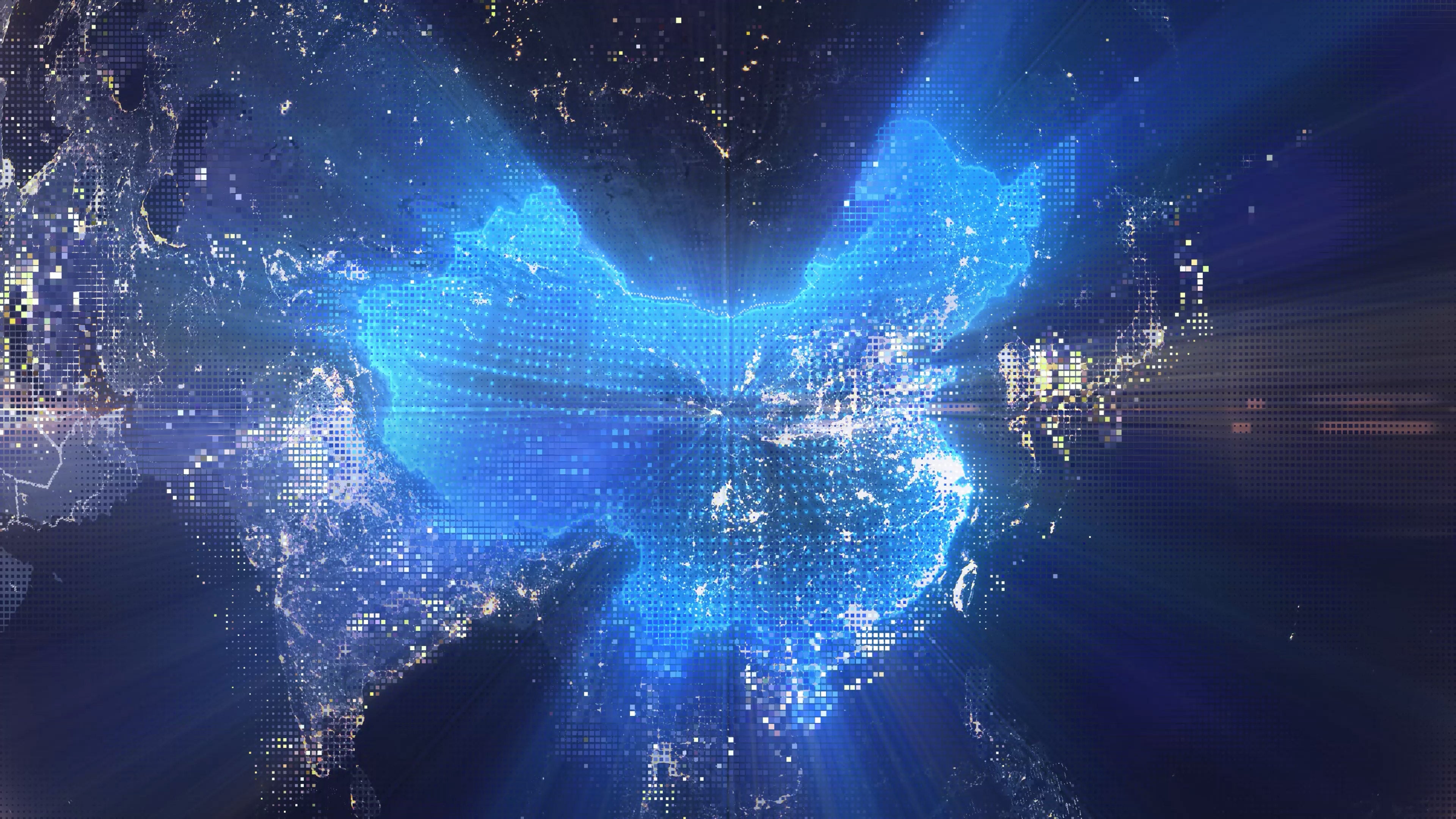 China - Digital Pixel Art Earth Night from Space Rotate and Zoom Shining Country China