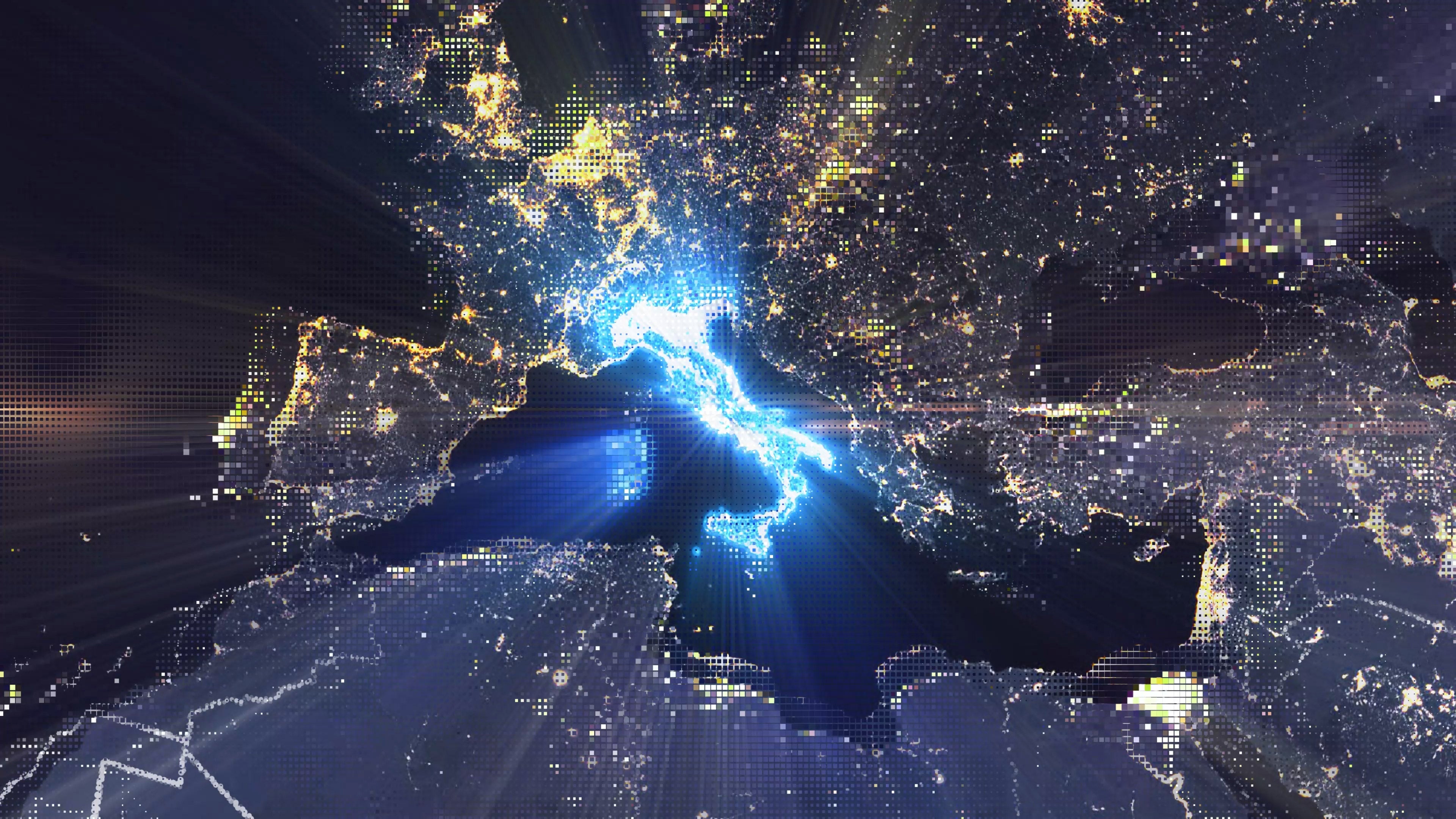 Italy - Digital Pixel Art Earth Night from Space Rotate and Zoom Shining Country Italy