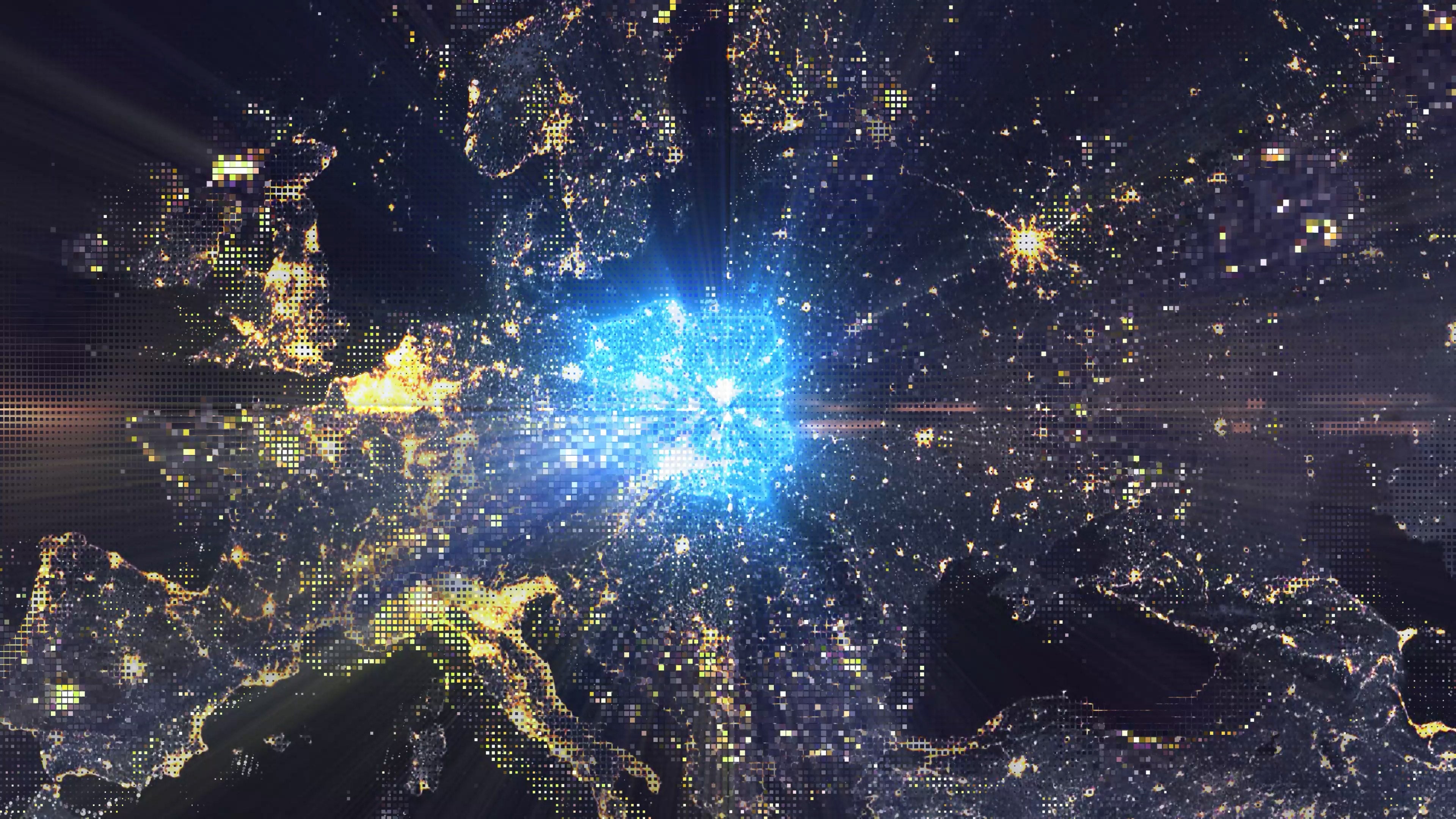 Poland - Digital Pixel Art Earth Night from Space Rotate and Zoom Shining Country Poland
