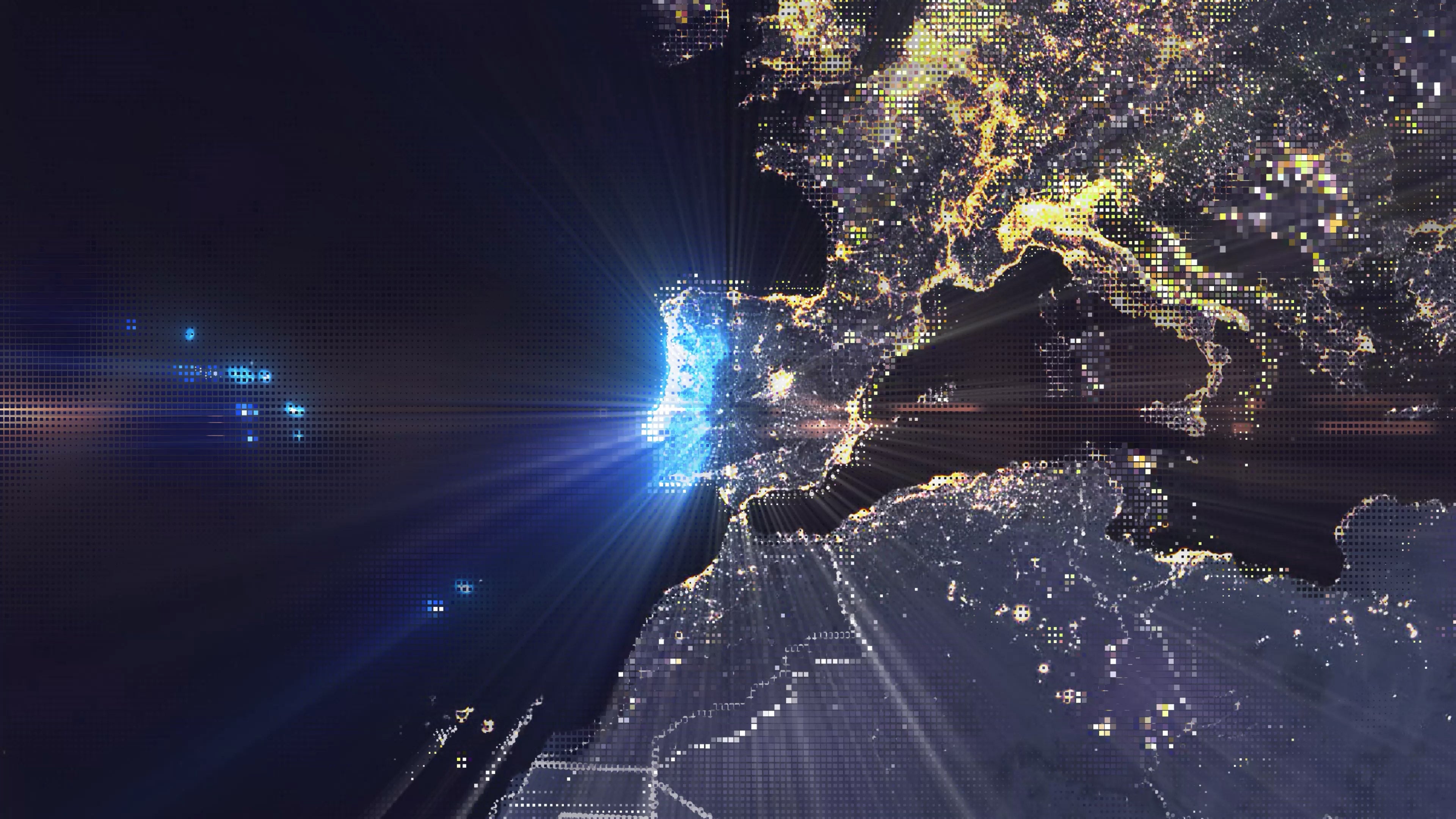 Portugal - Digital Pixel Art Earth Night from Space Rotate and Zoom Shining Country Portugal