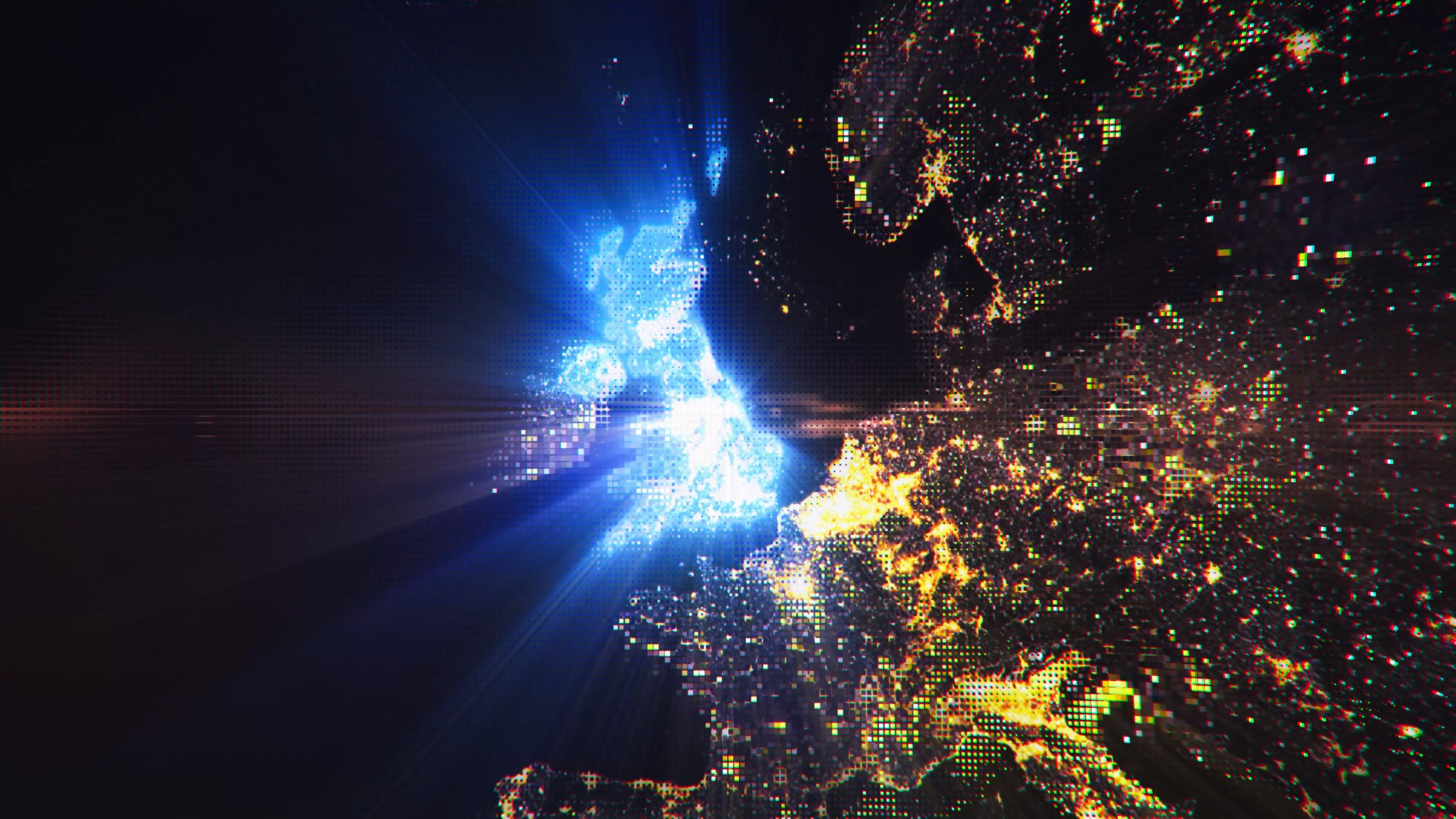 UK - Digital Pixel Art Earth Night from Space Rotate and Zoom Shining Country United Kingdom